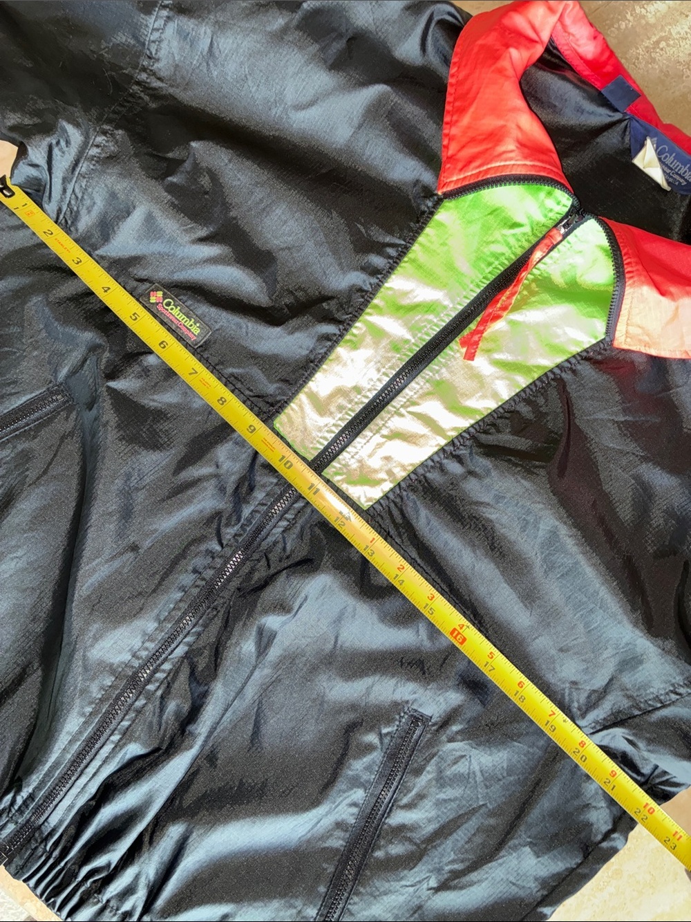 COLUMBIA Windbreaker Jacket Women's XL, black, neon orange/green trim, zips. EUC - Picture 13 of 15